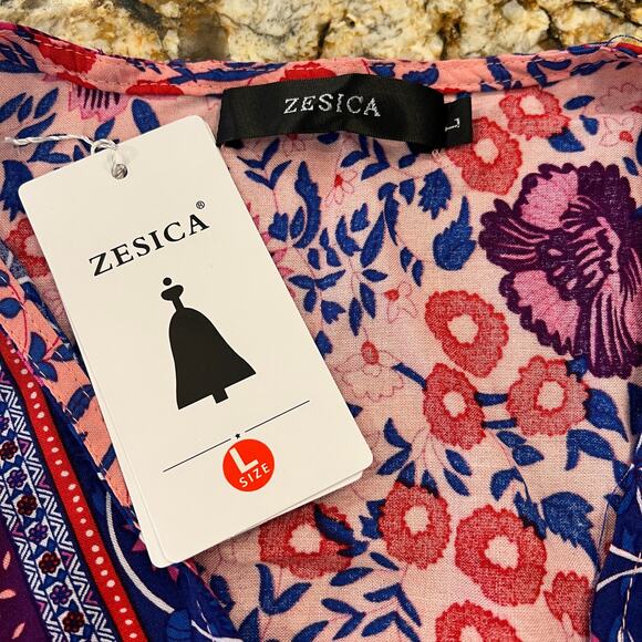 NWT ZESICA Pink Floral Wrap V-Neck Bohemian Ruffle Swing Mini Dress - SIZE L - Picture 4 of 8